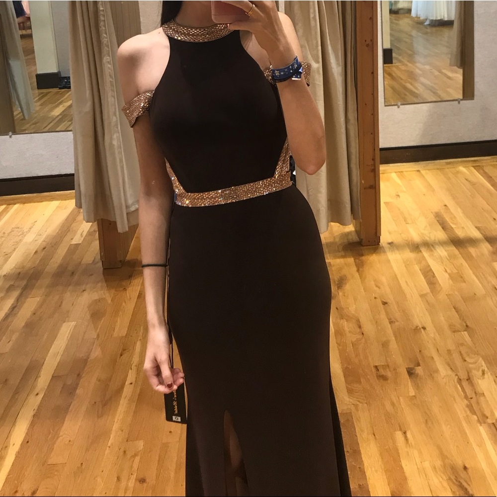 Brown and rose gold off the shoulder elegant dress - Picture 3 of 7